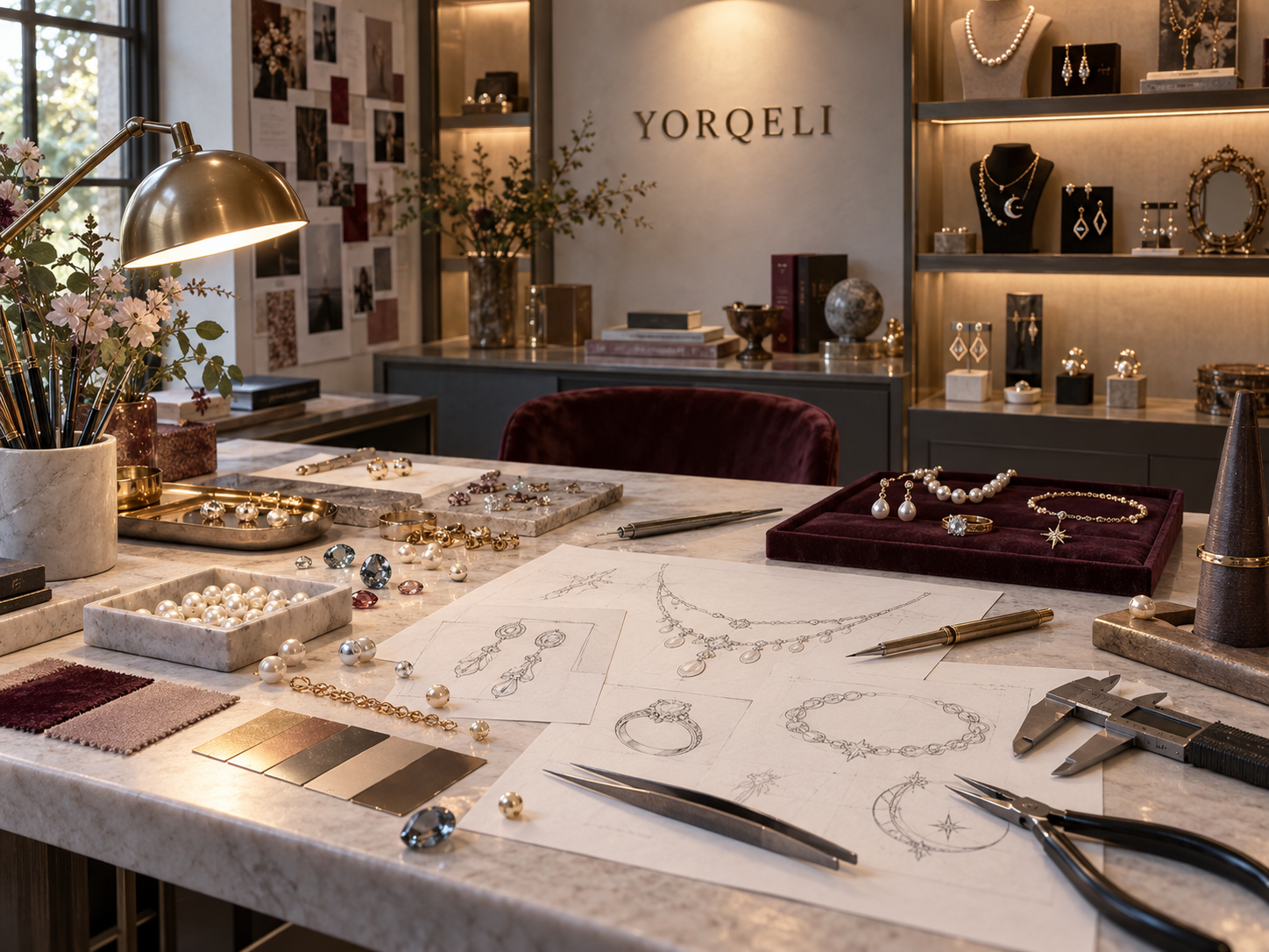 Yorqeli jewelry atelier with necklace, earring, bracelet and ring sketches, materials and finished prototypes
